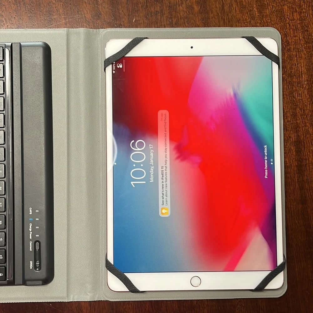 I pad pro 256 GB Wi-Fi rose gold with case, keyboard, and pencil